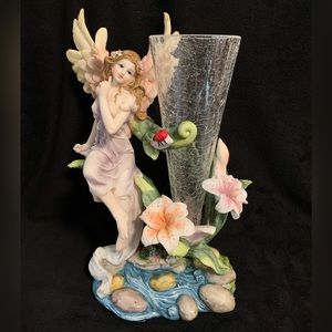 Ok Lighting - Crackle Glass Flower Vase With Angel / Fairy Statue